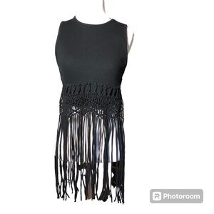 Zara Black Crop Top With Fringe Size Small